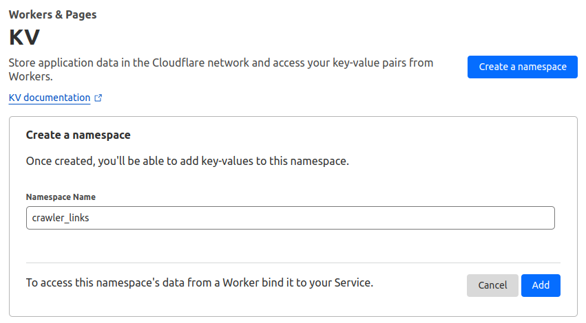 Creating a KV namespace named crawler_links