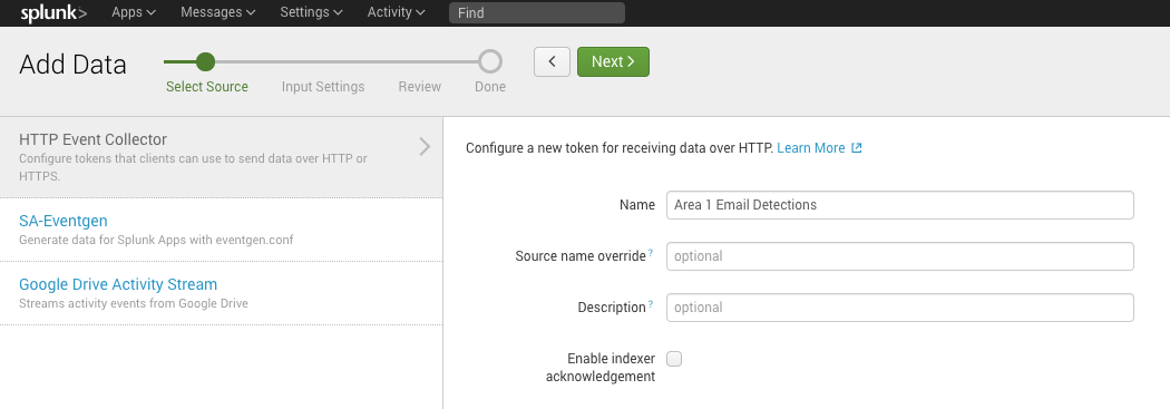 Enter a descriptive name for your new token, but leave Enable indexer acknowledgement checkbox unchecked.